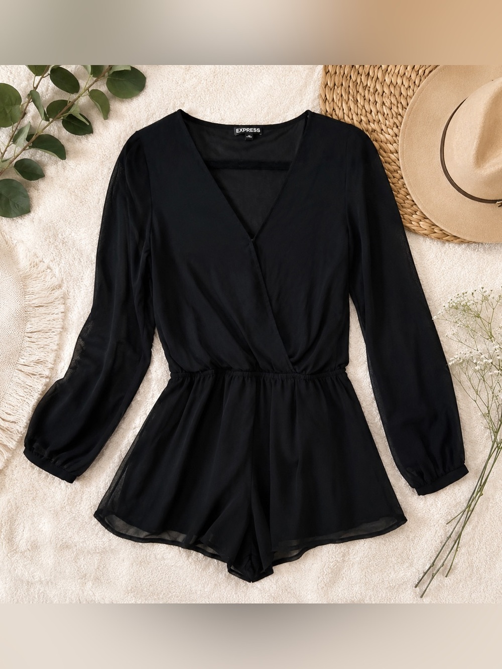 Express Black Chiffon Long Sleeve Surplice Romper - Size Medium